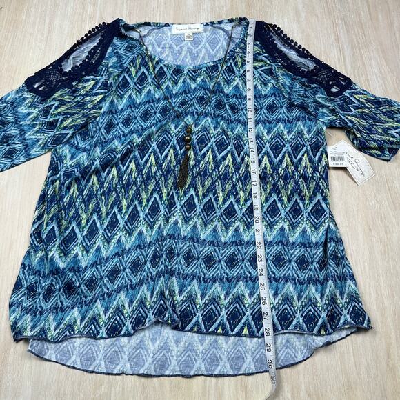 NWT French Laundry Cristel Blue Combo Cold Shoulder Necklace Top Blouse 2X - Picture 15 of 16